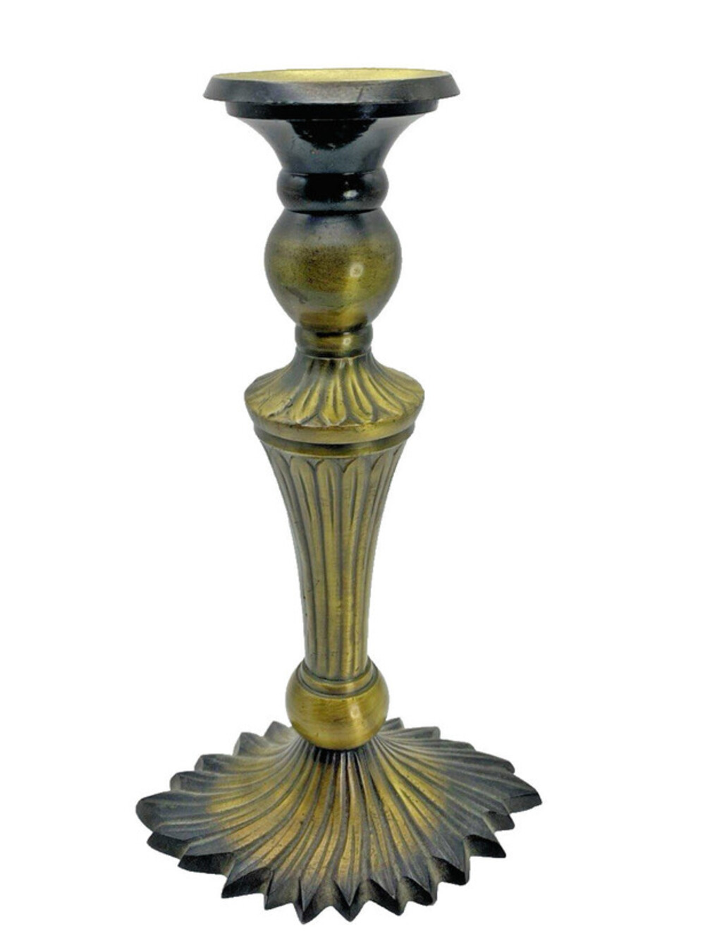 Vintage Brass Tone Metal Candlestick Holder India Decor Fluted Base 10”